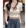 Pink V-neck off-the-shoulder T-shirt for women, short sleeve, new spring and summer style, two-piece design, slim and short, pure and sensual Application Scenario